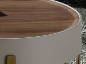Round coffee table in walnut, beige wood and gold polished steel