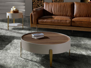 Round coffee table in walnut, beige wood and gold polished steel