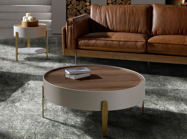 Round coffee table in walnut, beige wood and gold polished steel