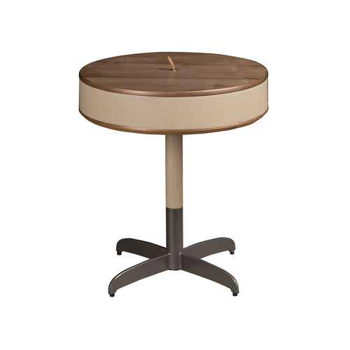 Round corner table in leather, walnut and gray steel