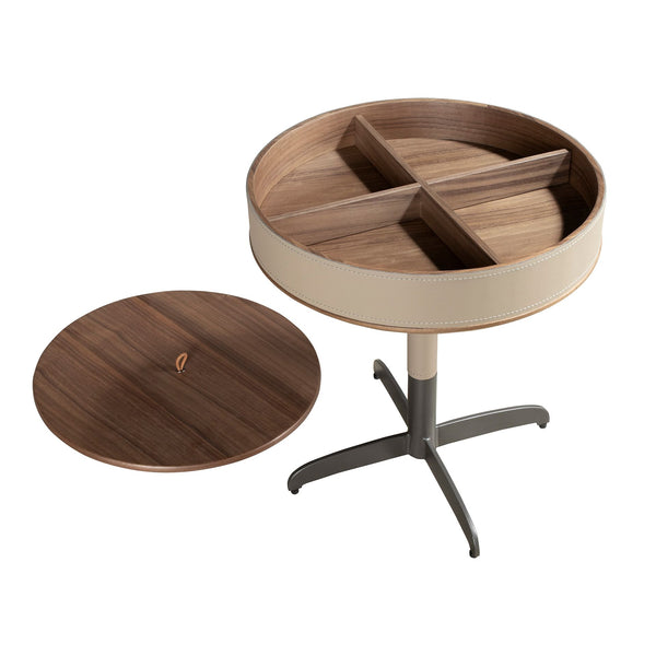 Round corner table in leather, walnut and gray steel