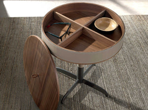 Round corner table in leather, walnut and gray steel
