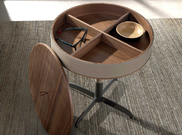 Round corner table in leather, walnut and gray steel