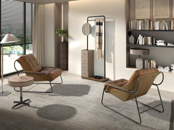 Round corner table in leather, walnut and gray steel