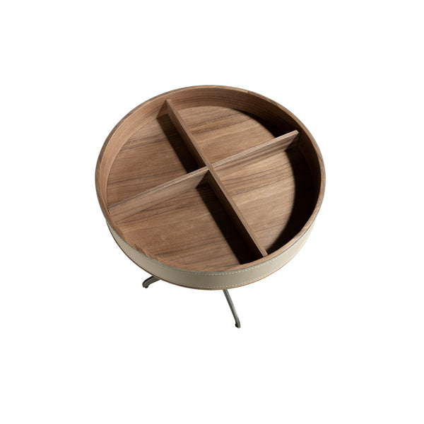 Round corner table in leather, walnut and gray steel