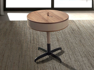 Round corner table in leather, walnut and gray steel