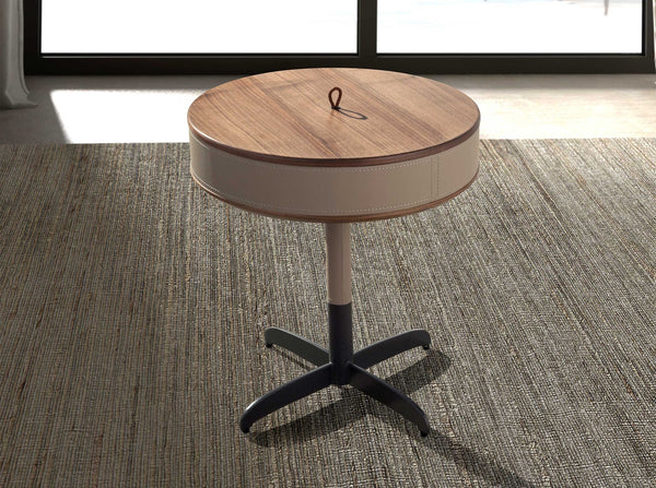 Round corner table in leather, walnut and gray steel