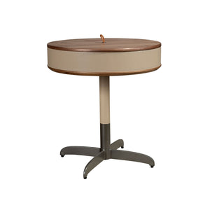 Round corner table in leather, walnut and gray steel