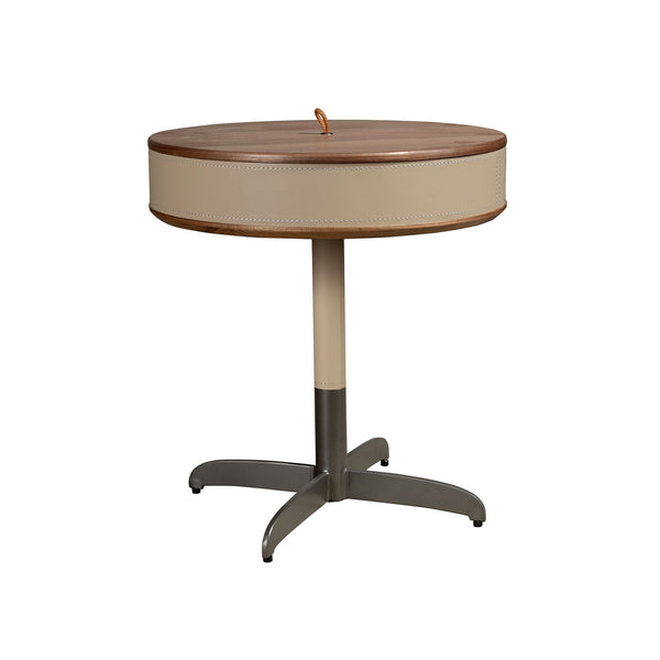 Round corner table in leather, walnut and gray steel