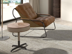 Round corner table in leather, walnut and gray steel