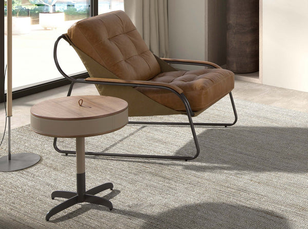 Round corner table in leather, walnut and gray steel