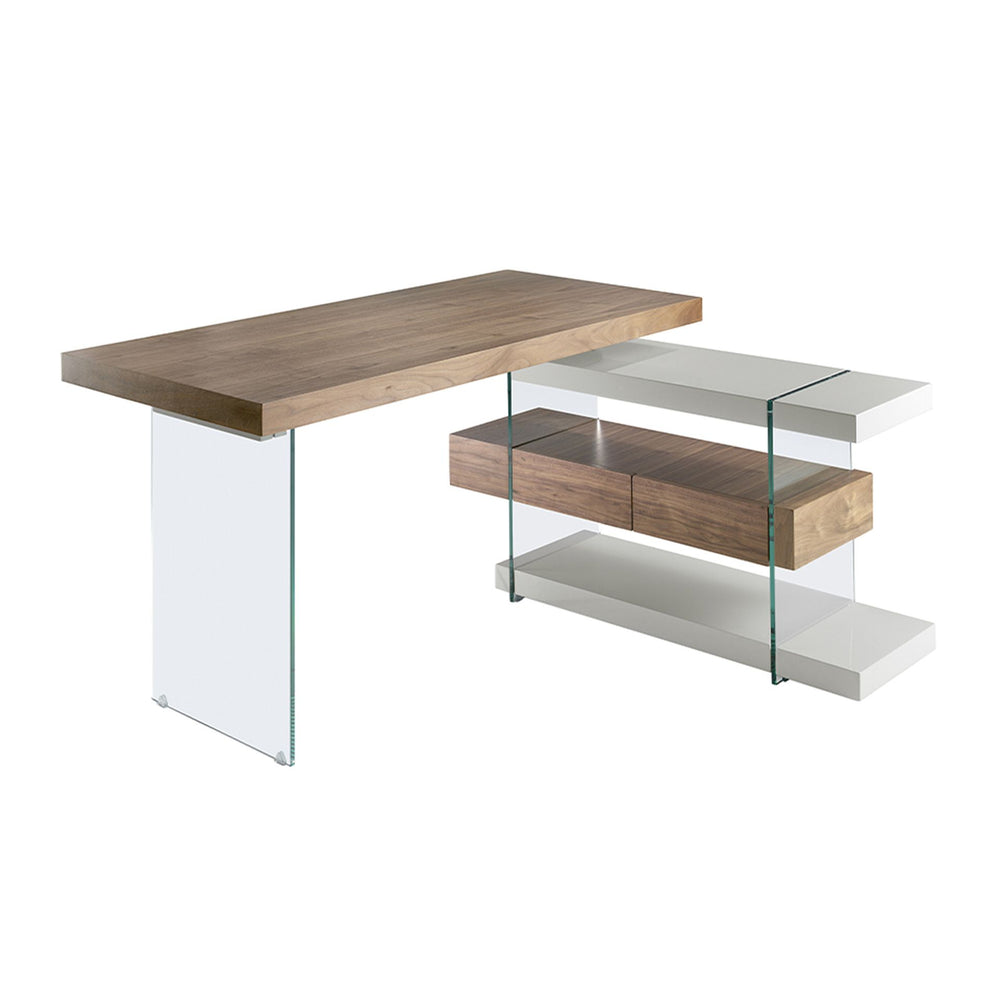 Desk in gray wood and tempered glass with a walnut top