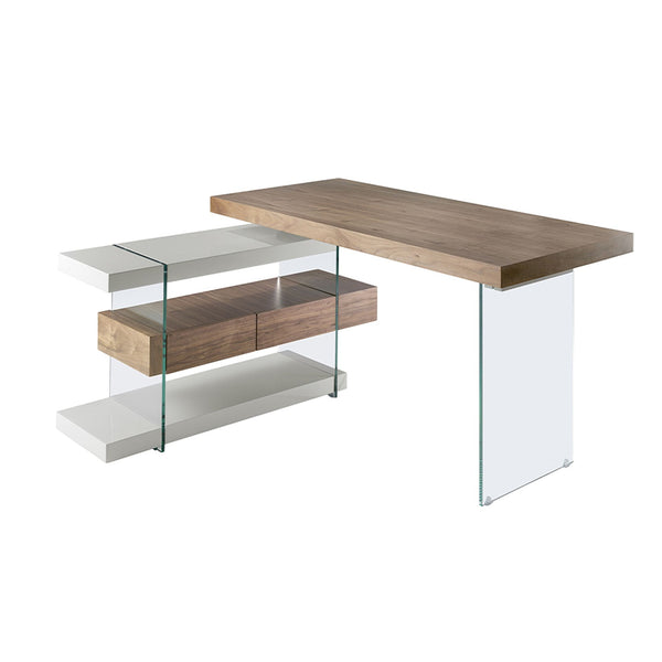 Desk in gray wood and tempered glass with a walnut top