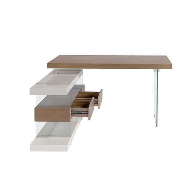 Desk in gray wood and tempered glass with a walnut top
