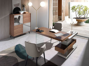 Desk in gray wood and tempered glass with a walnut top