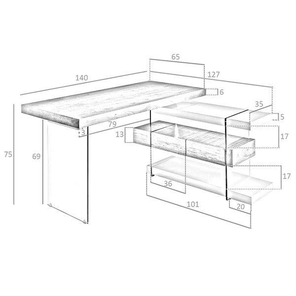 Desk in gray wood and tempered glass with a walnut top