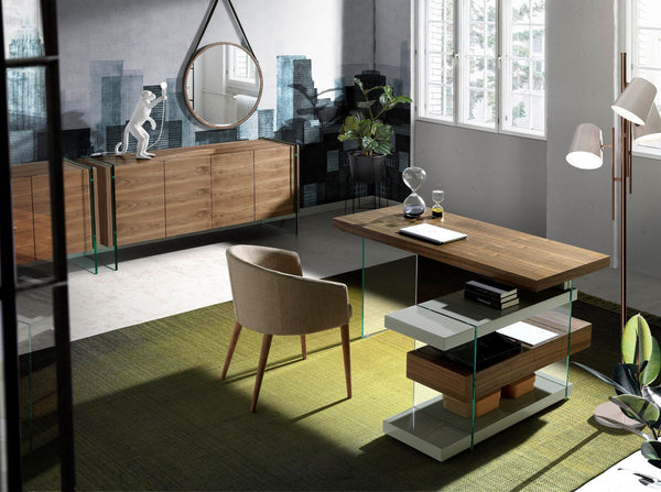 Desk in gray wood and tempered glass with a walnut top