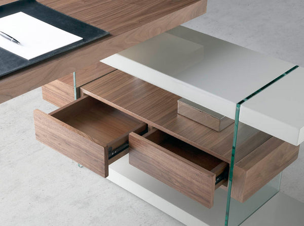 Desk in gray wood and tempered glass with a walnut top