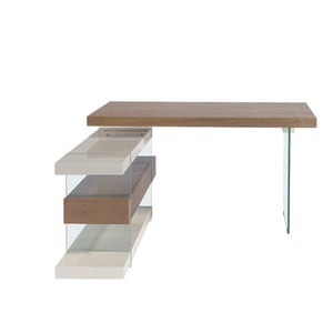Desk in gray wood and tempered glass with a walnut top