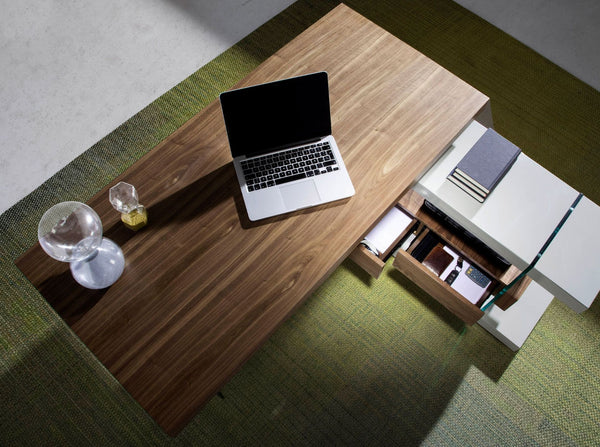 Desk in gray wood and tempered glass with a walnut top