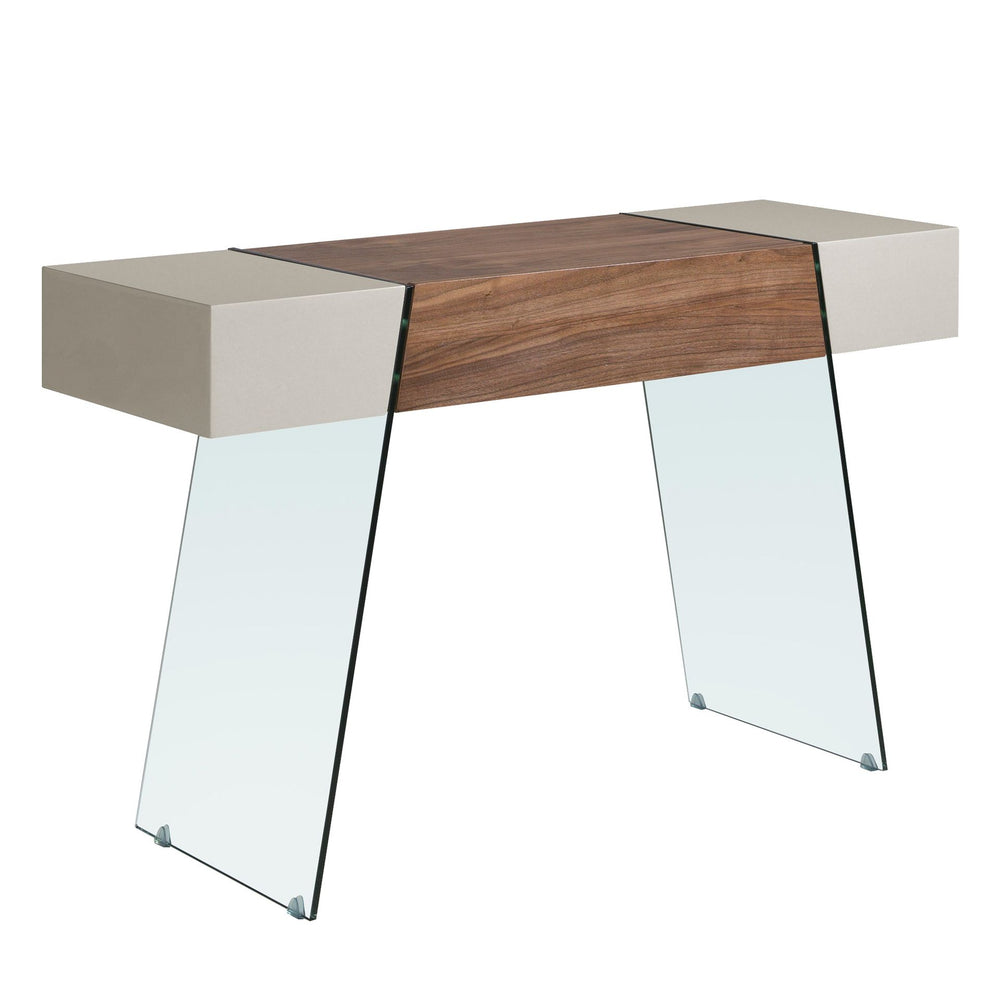 Rectangular console table in gray wood, walnut and tempered glass
