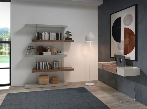 Rectangular console table in gray wood, walnut and tempered glass