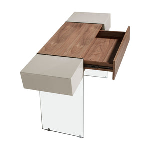 Rectangular console table in gray wood, walnut and tempered glass
