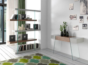 Rectangular console table in gray wood, walnut and tempered glass