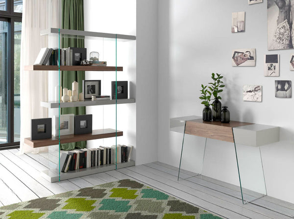 Rectangular console table in gray wood, walnut and tempered glass