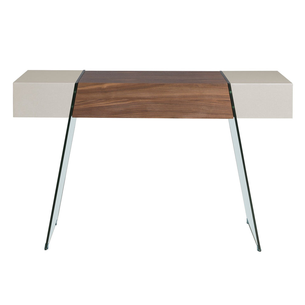 Rectangular console table in gray wood, walnut and tempered glass