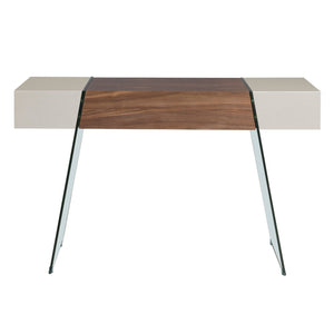 Rectangular console table in gray wood, walnut and tempered glass