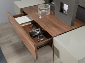 Rectangular console table in gray wood, walnut and tempered glass