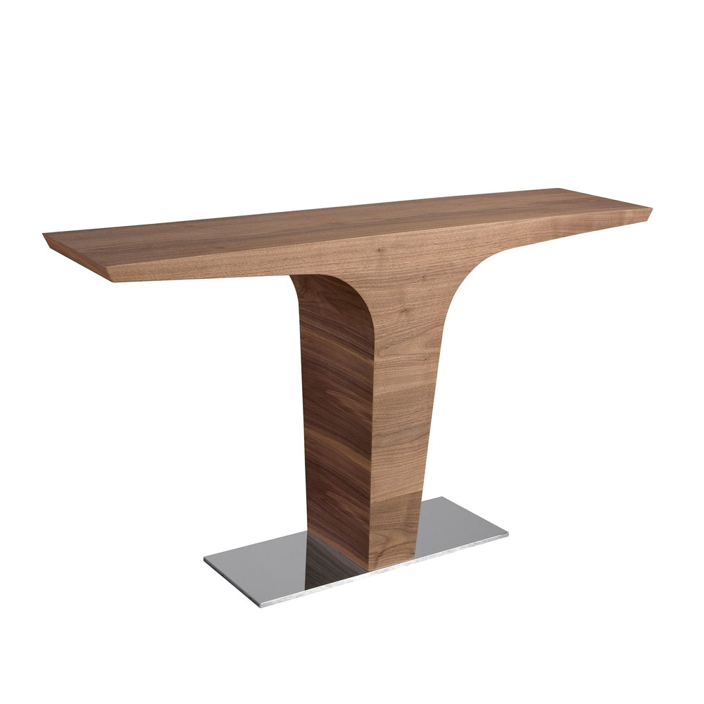 Rectangular walnut console with chromed steel base