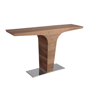 Rectangular walnut console with chromed steel base