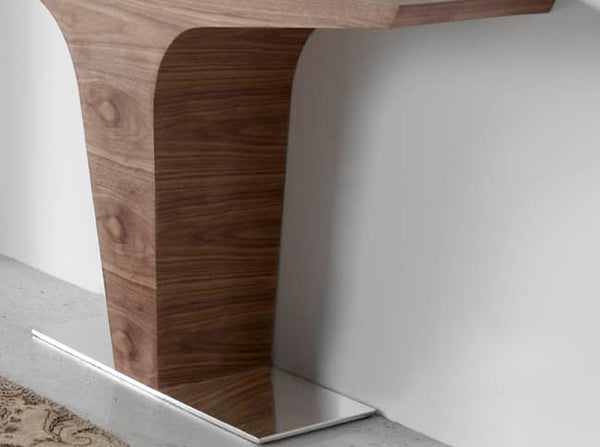 Rectangular walnut console with chromed steel base