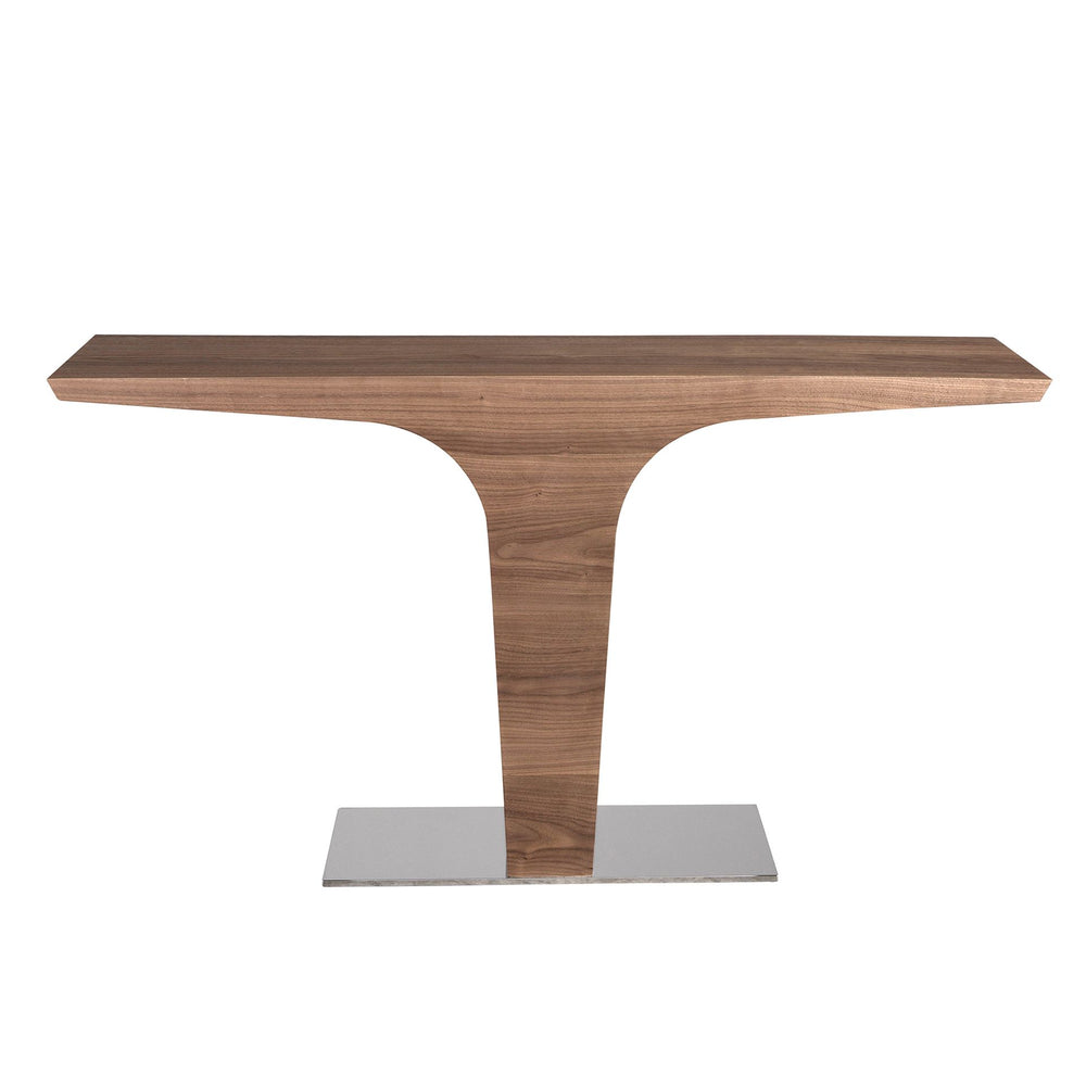 Rectangular walnut console with chromed steel base