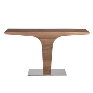 Rectangular walnut console with chromed steel base