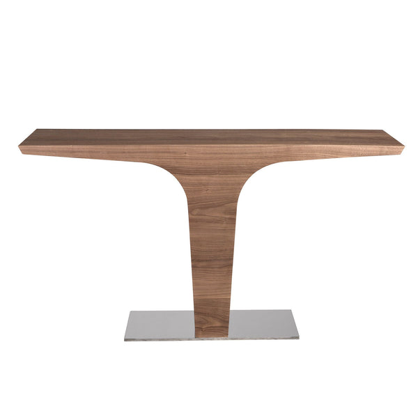 Rectangular walnut console with chromed steel base