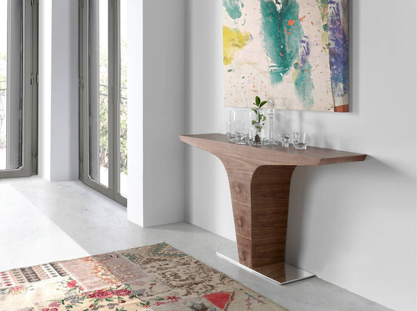 Rectangular walnut console with chromed steel base