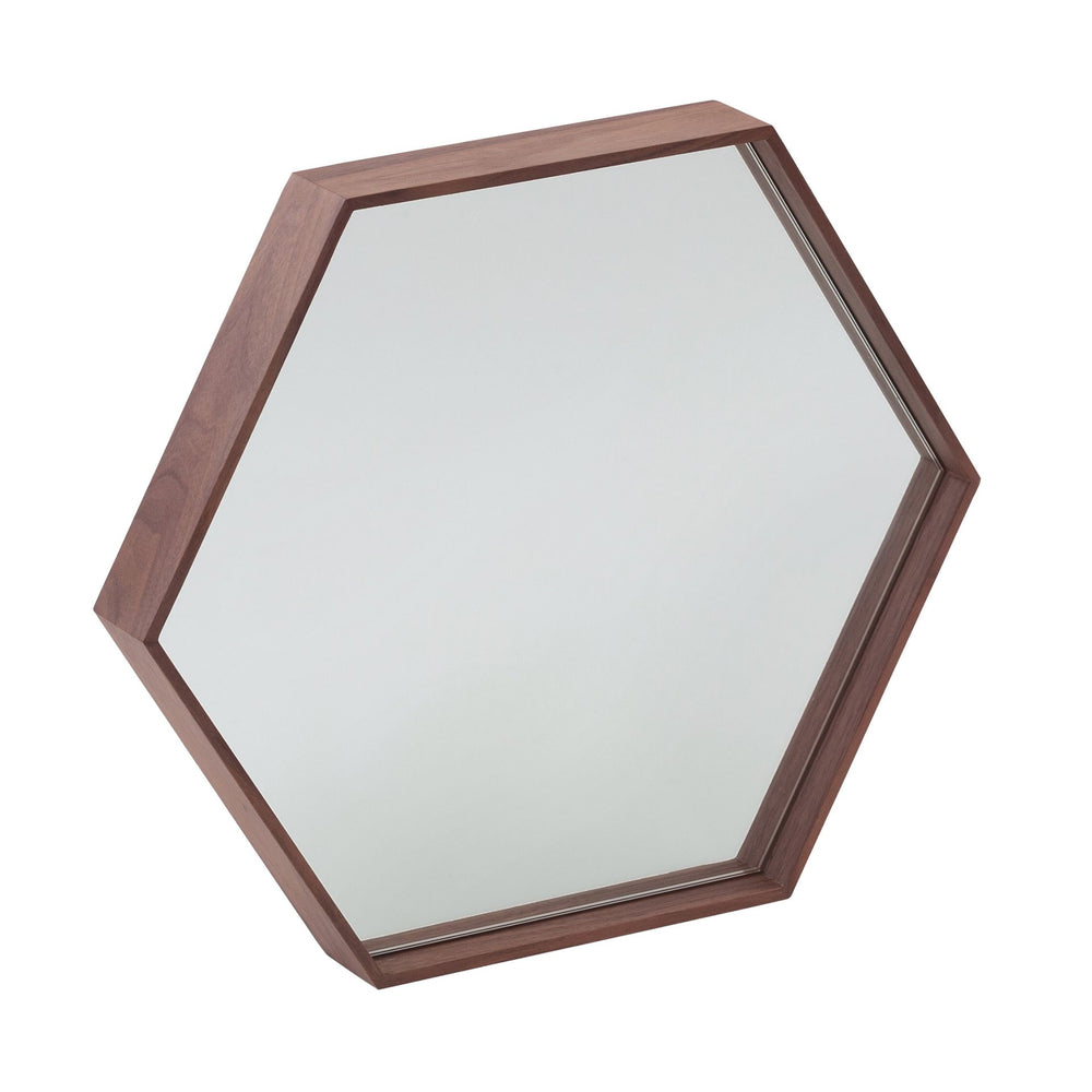 Hexagonal walnut wall mirror
