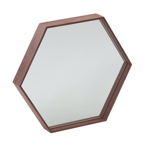 Hexagonal walnut wall mirror