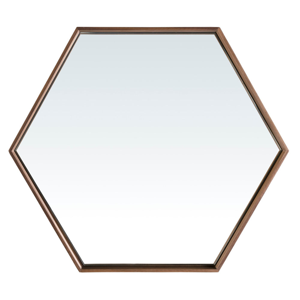 Hexagonal walnut wall mirror
