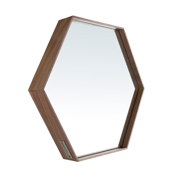 Hexagonal walnut wall mirror