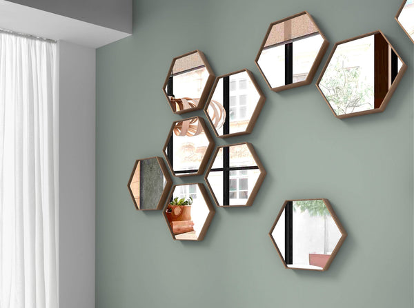 Hexagonal walnut wall mirror