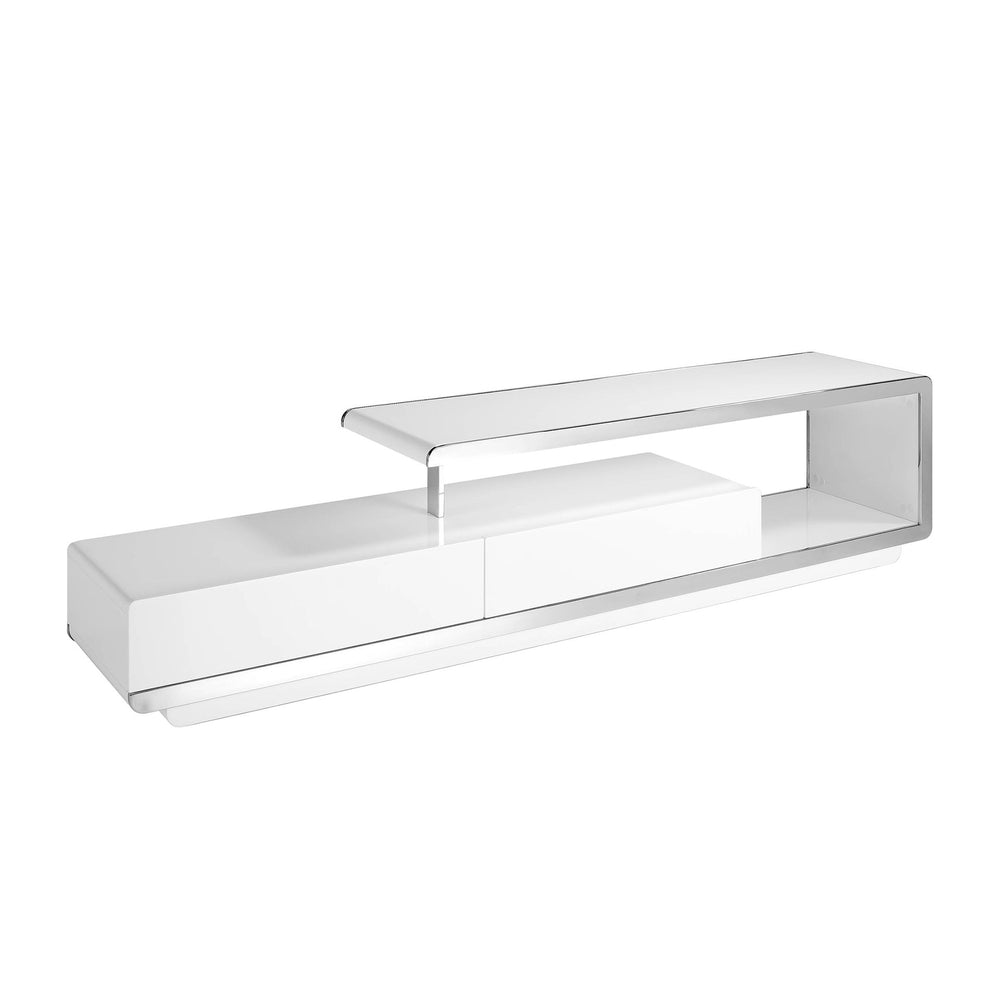 White wooden TV stand with chromed steel base and chromed steel base
