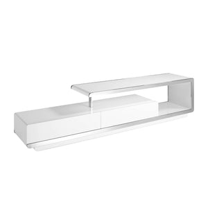 White wooden TV stand with chromed steel base and chromed steel base