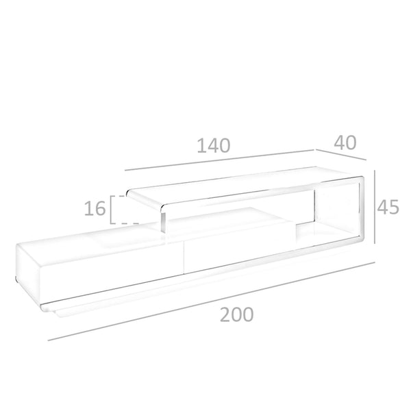 White wooden TV stand with chromed steel base and chromed steel base