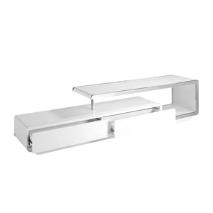 White wooden TV stand with chromed steel base and chromed steel base