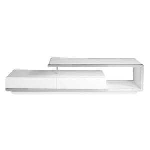 White wooden TV stand with chromed steel base and chromed steel base