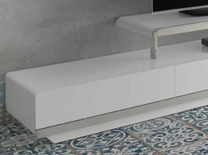 White wooden TV stand with chromed steel base and chromed steel base
